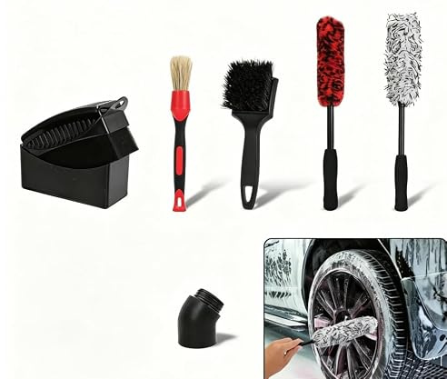 STOBBEY 6Pcs Car Wheel Cleaning Kit, Bendable Rim Cleaner Set, Long Handle Soft Microfiber Wheel Tire Cleaning Brush, Boars Hair Detailing Brush for Wheels & Tires