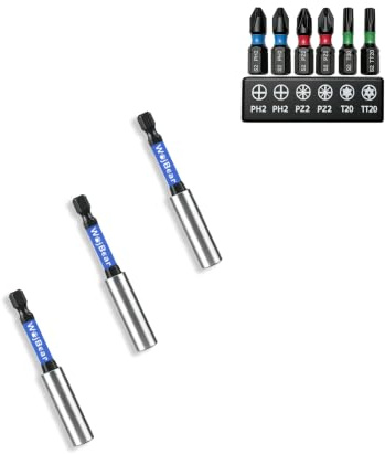 WojBear 3 PCS Magnetic Extension Bit Holder Set, 3 * 75mm Drill Bit Holder for Impact Driver with 6 PCS Screwdriver Bits, 2*PZ2 2*PH2 T20 TT20