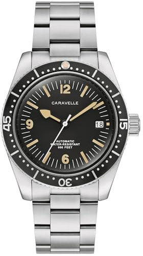Caravelle by Bulova Men's Automatic Watch, Vintage Sea Hunter, Silver-Tone Stainless Steel Bracelet, Black Dial Style: 43B175