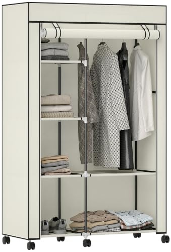HOMCOM Stoff Kleiderschrank auf Rädern, tragbarer Kleiderschrank, mit Hängestange, 6 Einlegeböden, Stahlrahmen, für Schlafzimmer, Ankleidezimmer, 103x43x162,5 cm, Creme