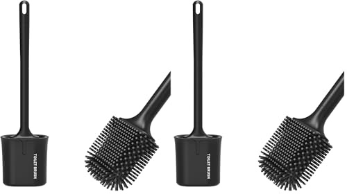 Ibergrif Black Silicone Toilet Brush with Holder, Wall Mounted & Freestanding, 360° Deep Cleaning, Drip Tray, Bathroom Cleaning Brush M34156B (Pack of 2)
