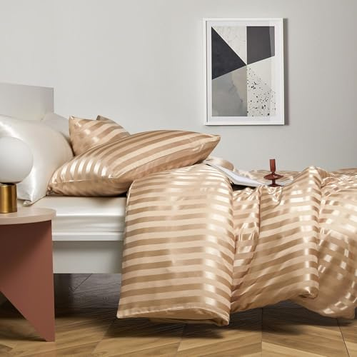 Boqingzhu Bettwäsche Satin 135x200cm Gold Beige Gestreift | Glatt, Glänzend, Luxus, Seidig, Bettbezug mit Reißverschluss, 1 Kissenbezug 80x80cm