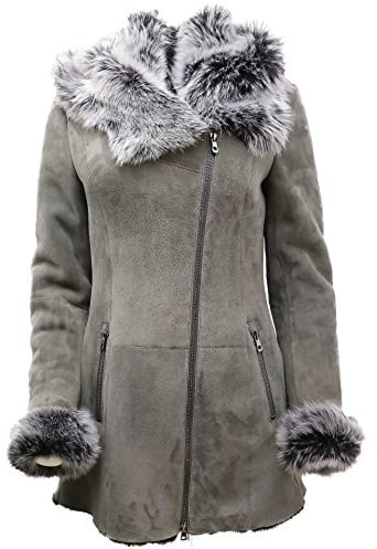 Ladies Luxurious Grey Suede Merino Sheepskin Coat with Toscana Collar 2XL