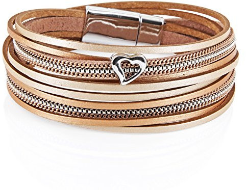 StarAppeal Armband Wickelarmband in Leder mit Herz, Kette und Magnetverschluss Silber, Damen Armband (Gold-Hellbraun)