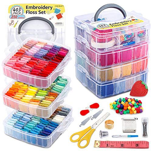 INSCRAFT 403 Pack Embroidery Kits for Adults, 250 Colours Embroidery Threads, Cross Stitch Kits for Beginners Bracelet and Craft Making, 153 Pcs Cross Stitch Tool, 4-Tier Transparent Craft Storage Box