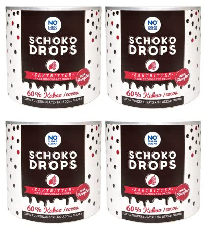 NO SUGAR SUGAR Vorteilspack 4x250g Zartbitter Schokoladendrops mit 72% Kakao Anteil. Hergestellt ohne Zuckerzusatz, gesüßt mit Erythrit und Stevia