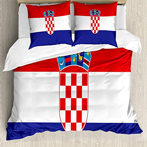 ABAKUHAUS Kroatien Bettwäsche Set für Doppelbetten, Einfaches Design Flagge Druck, Weicher Microfaserstoff Allegigeignet kein Verblassen, Indigo Weiß