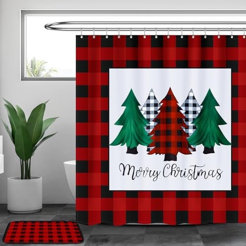Rideau de Douche Noël 72 x 72 Pouces Rideau de Douche à Carreaux Buffalo 16 x 24 Pouces Paillasson Tapis à Carreaux Buffalo et 12 Anneaux de Rideau de Douche en Plastique (Rouge-Noir)
