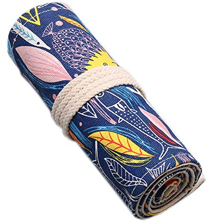 Anawakia Wrap Leinwand Stifterolle Bleistift Wrap Tragbar Stifterolle Bleistifthalter Reise Stiftehalter Buntstifte Federmäppchen Roll-up Mäppchen Tasche Organizer (Fisch,48 Slots)