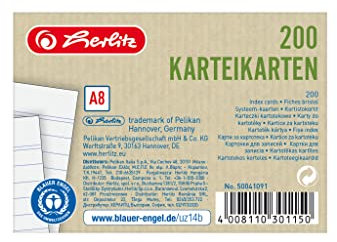 Herlitz Karteikarten A8, liniert, Weiß, Blauer Engel, 200 Stück, für Vokabeln, als Lernkarten und Moderationskarten, 50041091