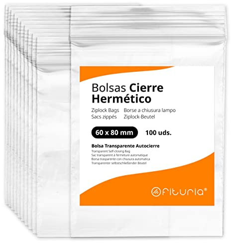 Bolsas con Cierre Hermético de Plástico Transparentes Ideales para Congelar Alimentos, Guarda Documentos, Bolsas Reutilizables y de Conservación - Ofituria (100 Bolsas, 60 x 80 mm)