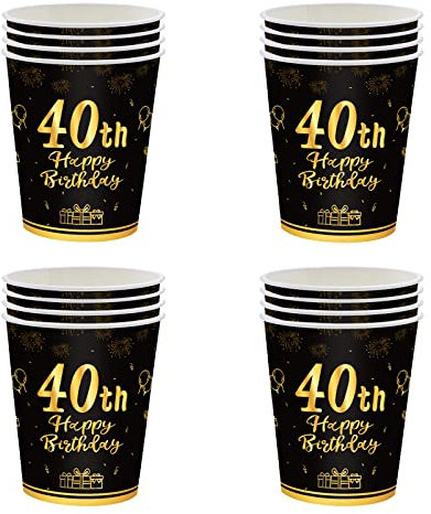 YAAVAAW Happy 40th Birthday Paper Cups, Black and Gold, 16Pcs Disposable Tableware Party Cups for Him/Her, Birthday Party Supplies Table Decor, 256ml