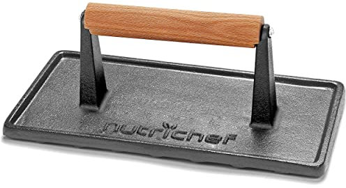 Nutrichef Cast Iron Grill Press - Heavy-Duty Griddle Press with Silicone Handle, Speeds Up Cooking Time on Steak, Burger Patty, Meats, Bacon, Quesadillas & More, Leave an Attractive Mark on Any Meat