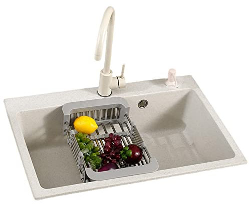 Lavello da sottopiano a Vasca Singola in Pietra di Quarzo per Bar con Rubinetto Combinato, cornicione Integrato e Accessori, lavello da Cucina per Montaggio Superiore