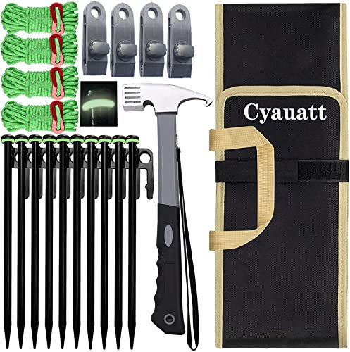 Cyauatt 10 Stück robuste Zeltheringe und Campinghammer-Set, 25.4 cm Metall-Zeltheringe mit reflektierendem Campingseil und Aufbewahrungstasche, Rucksackreisen, Camp und Hof
