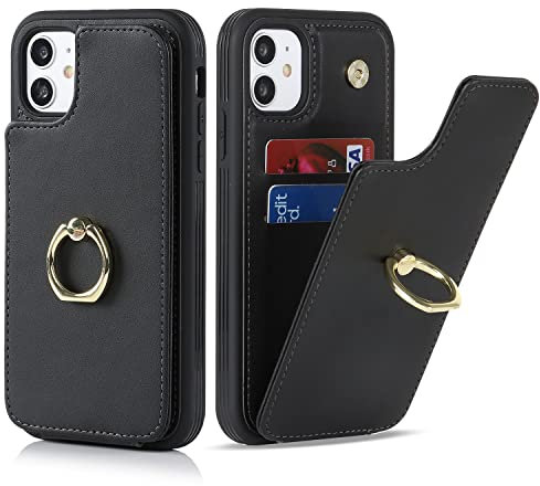 Cavor Phone Case compatible with iPhone 11 Case With Card Holder,Flip Folio Leather Wallet Case,Ring Kickstand Shockproof Cover Case compatible with iPhone 11 - Black