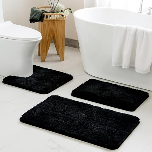 Sentidos Badematte 60x100 cm Schwarz, Badezimmerteppich schwarz rutschfest, Hochflor Badteppich flauschig wasserabsorbierend, Badvorleger rutschfest waschbar, Duschmatte & Badeteppich für Dusche & Bad