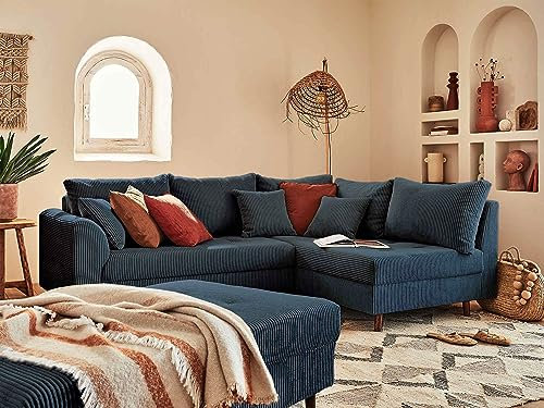 Lisa Design Rune – Ecksofa rechts – 4-Sitzer – mit hocker – aus Cord Nachtblau