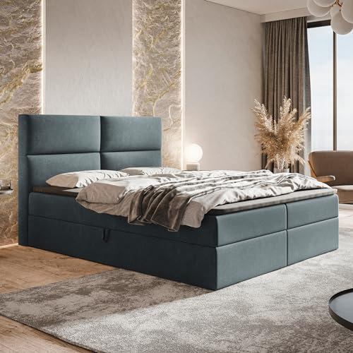 MOTIVENA Nevada Boxspringbett 180x200 mit Bettkasten und Topper, Polsterbett 180x200 mit Bettkasten, Bonellfederkern-Matratze (H4), T28 Komfortschaumstoff Topper (H3), Samt, Grau (Anthrazit)