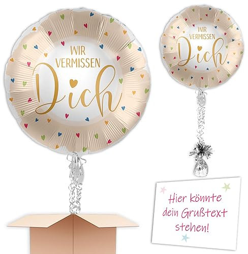 Wir vermissen Dich gefüllter Heliumballon Gold mit Herzchen passen zu vielen Gelegenheiten mit Schmuckbändern, Ballongewicht zum verschenken oder versenden an eine andere Lieferadresse - Mit Karte