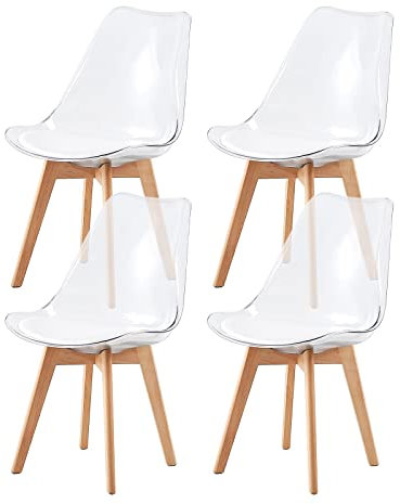 H.J WeDoo 4er Set Transparente Esszimmerstühle im Skandinavischen Stil, 4 Küchenstühle Massivholzbeine aus Buche mit Weißem PU Leder Sitzkissen