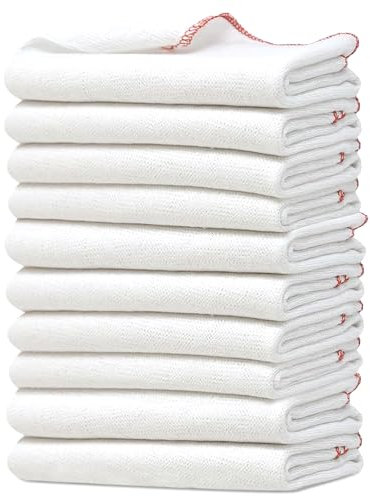 Towelogy Premium Extra Large Dish Cloths Pack of 10 - Cotton 38 x 45cm Odour Free & Super Absorbent Kitchen Dish Towels (White/Red Edges, 10)