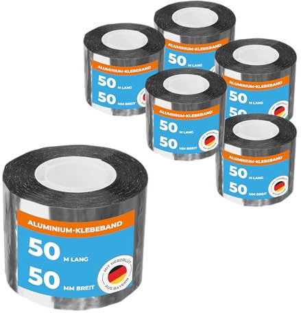 Alu- PP Klebeband 50m x 50mm hitzebeständig | 6 Rollen wasserdichtes Alu Klebeband zum Reparieren Abdichten und Dämmen | Isolierband Abdichtung gegen Feuchtigkeit & Isolierung für Rohre