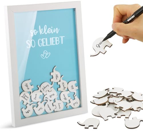 BOFUNX Bilderrahmen Gästebuch Babyparty Baby Shower Gästebuch Holz Taufe Gästebuch+30 Holz-Elefanten+1 Unterschriftstift, Baby Shower Deko Geschenk Erinnerungsbuch für Taufe Kommunion Konfirmation