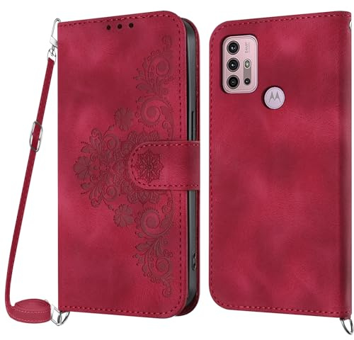 NETANY Handykette Hülle für Motorola Moto G30/G20/G10/G10 Power, Handyhülle Hülle mit Kette Klappbar, PU Leder Necklace Klapphülle und Umhängeband Lanyard Flip Stoßfest Schutzhülle mit Band (Rot)