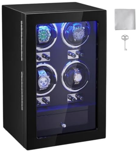 VEVOR Remontoir Montre Automatique Capacité 4 Montres Écrin pour Montres Automatiques avec 4 Moteurs Japonais Mabuchi Silencieux 5 Modes de Remontage en Panneau Haute Densité et Acrylique LED Bleu