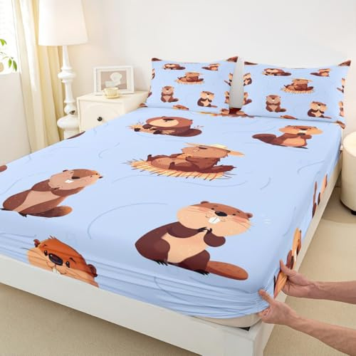 Cartoon Beavers Bed Sheet Set Cute Wild Animals Fitted Sheet Set for Teens Room Decor Rustic Style Beavers Bedding Set Brown Blue Bed Cover with Deep Pocket,No Flat Sheet,Twin Szie