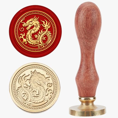 MAYJOYDIY Sceau de Cire en Forme de Dragon Chinois 25mm Tampons de Cire à Cacheter pour Animaux Tête en Laiton Amovible Rétro avec Manche en Bois pour Emballages de Vin Idée Cadeau Invitations de Fête