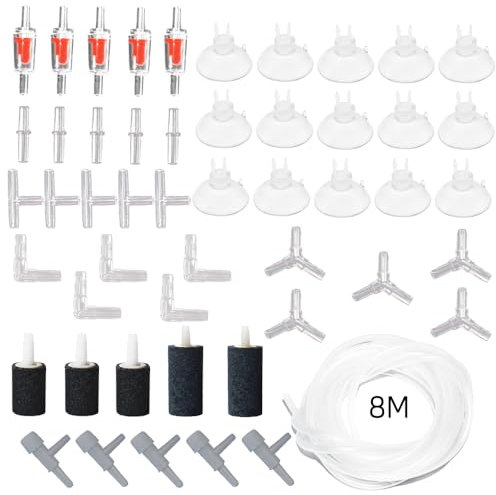 LANCARE 51 Piece Air Pump Accessories, 8m Transparent Silicone Hose, Air Pump Accessories Set with Air Stone Suction Cups and Y/T/L/I Shape Connector for Fish Tank