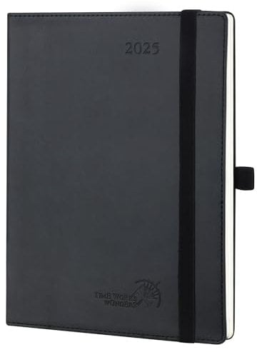 POPRUN Kalender 2025 Wochenplaner Softcover mit PU-Leder, ca. A5 (22 x 16,5 cm), 12-Monate-Terminplaner (Jan.2025-Dez.2025) 1 Woche 2 Seite mit 100 GSM FSC®-Zertifiziertem Papier - Schwarz