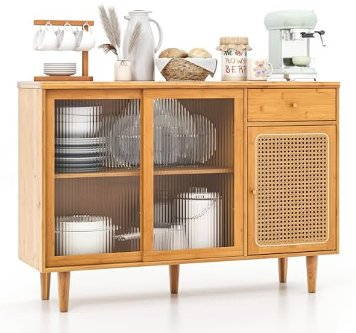 GIANTEX Buffet Cuisine, Meuble Cuisine Rangement avec Portes Coulissantes en Verre Trempé, Buffet de Cuisine en Rotin, Armoire Rangement pour Salon, Entrée, 120x35x83 cm