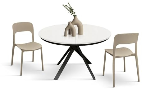PAZZO DESIGN Table ronde extensible Karem, table de salon, cuisine, pieds croisés Shangay noirs, fabriquée en Italie, blanc frêné, de 120 à 170 cm - id_1986