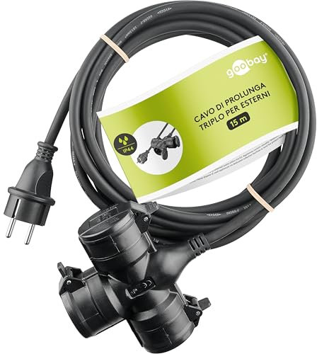 goobay - Cavo prolunga a corrente tripla per uso esterno IP44 / cavo di alimentazione per esterno / 3 prese Schuko con alette di protezione / 3680 W a 250 V (AC) e 16 A, 10 m / 65438