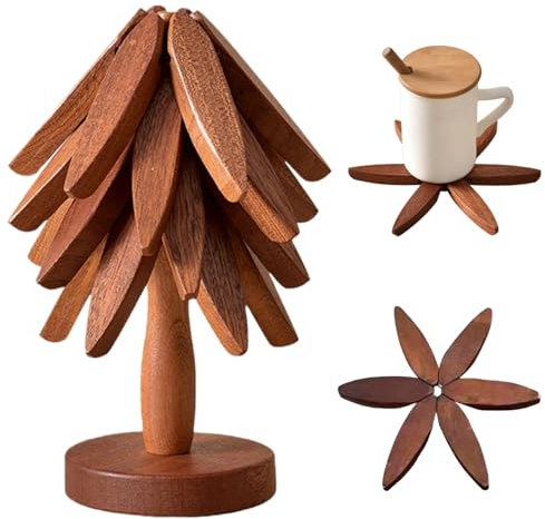 Black Walnut Tree Shape Trivet Set - 4 Foldable Wooden Trivets + 1 Stand for Hot Dishes, Pot, Bowl, Teapot, Hot Pot Holders