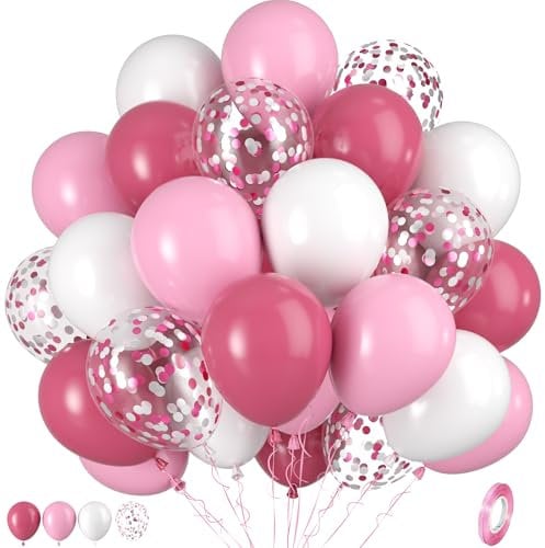 Hot Pink and White Balloons, 50pcs With Pink and Silver Confetti for Women's Birthday, Baby Shower, Wedding, Graduation, Bridal Shower Decorations