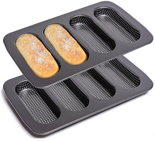 Carbon Steel Hot Dogs Buns Mold - Set of 2 Baguette Pan Nonstick French Bread Loaf Pan 4 Trays Baking Mold for Hot Dogs, Buns