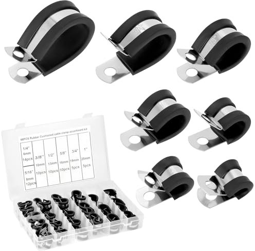 QWORK® 66 piezas Abrazaderas para Tubos, Abrazadera Metalica Tipo P con Almohadilla de Goma, 6/8/10/13/16/19/25 mm Abrazadera para Tubos Acero Inoxidable 304, para Automóviles, Marinos, Industriales