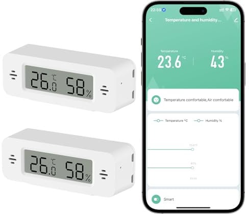 WIOONI 2 Pack WLAN Hygrometer Innen Thermometer, LCD Digital Luftfeuchtigkeitsmesser mit Bildschirm und Smart App für Gewächshaus Babyzimmer Keller Reptilien Inkubator Closet