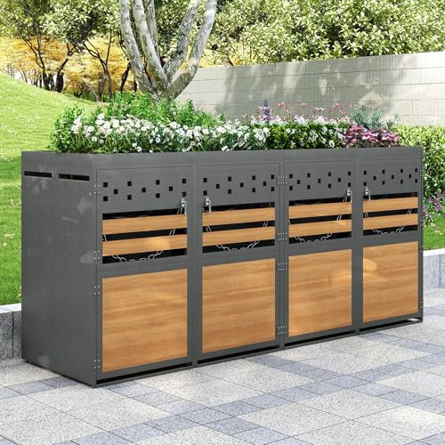 Mülltonnenbox 4er mit Pflanzdach für 4 Tonnen, 120-240 Liter, Anthrazit Tür in Holzoptik inkl. Erweiterungsmöglichkeit,Aufbewahrungsbox für Mülltonnen (4 Tonnen)
