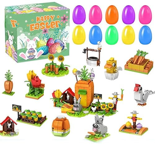 DzirePada Häschen Hof Partei Gefälligkeiten Bausteine Bausatz, Ostern Bauernhöfe Kaninchen Bauklötze Spielzeug, Ostereier Füller Klemmbausteine Kit, Ideen Geschenke für Erwachsene Kinder