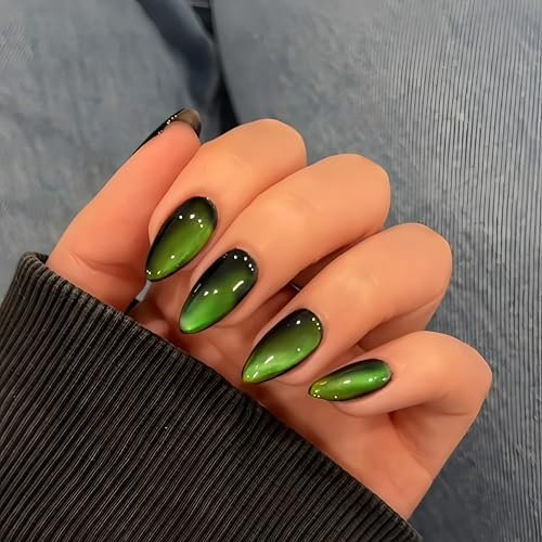SXVME Cat Eye Neon Green Press on Nails Almond Shape, 30 Pcs Glitter Fake Nails Medium Black Gel Full Cover Cute Bling Shiny Acrylic Nails for Women Daily Wear