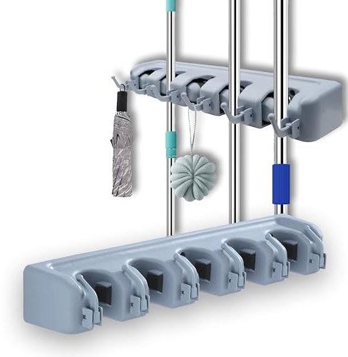 LKH Wall Mounted Broom Holder & Mop Organizer – 5 Broom Stations & 6 Hooks, Garage Wall Storage, Utility Room Storage Solutions, Broom Hanger, Mop & Brush Holder Wall Mounted (1)