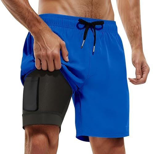 Short de Bain Homme 2 en 1, Maillot de Bain Homme Piscine Séchage Rapide avec Doublure de Compression Boxer de Bain Grande Taille Léger Shorts de Plage Natation Surf avec 2 Poches, Bleu L