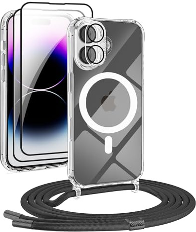 DiDaDi Handyhülle für iPhone 16 Hülle mit Band & Magnet - Transparente Handykette, Abnehmbar mit 2X Panzerglas + Kameraschutz | Profi-Schutz Display & Kamera | Magnetisch Kompatibel (Schwarz)