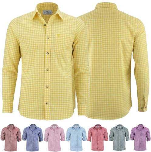 German Wear Trachtenhemden für Herren mit Langen Ärmeln, klassisches Karomuster, hochwertige bayerische Mode mit Hirsch-Stickerei und kardieten Ärmeln