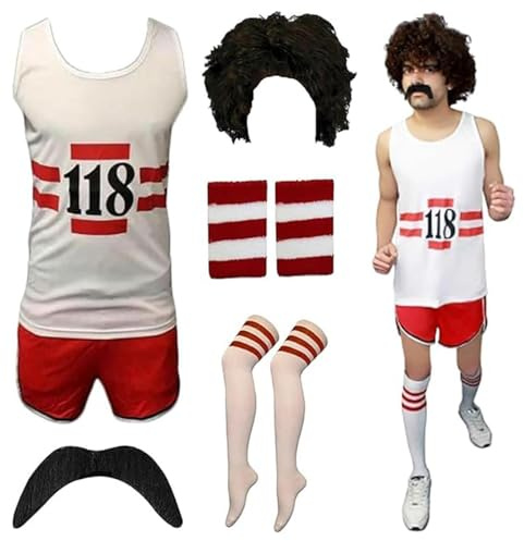 RIDDLED WITH STYLE Unisex Womens 118 Set Fancy Dress Mens Costume Marathon Retro Sleeveless Vest, Shorts, TASH, Socks and Wig Set for Unisex Plus Size UK Small to X-Large